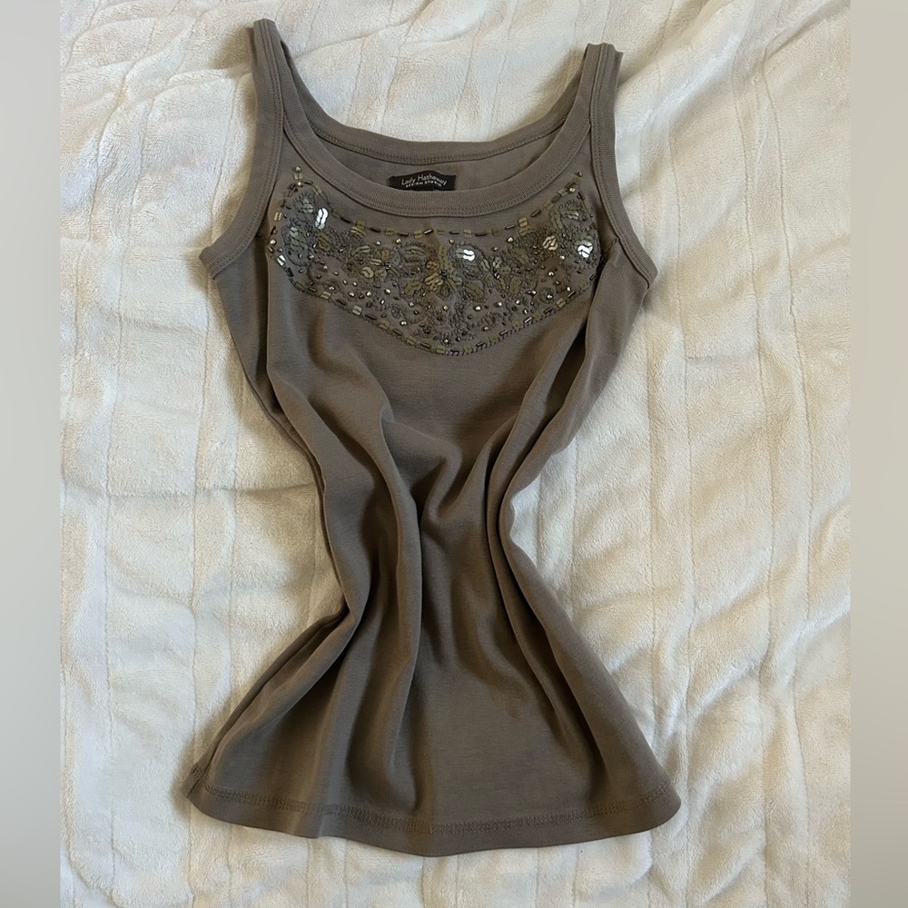 Embellished Taupe Tank Top - Women's Stylish Scoop Neck
